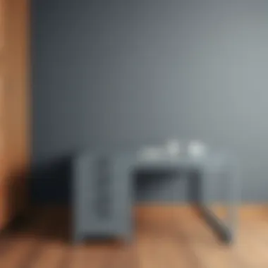 Sleek Gray Office Desk with Drawers Modern gray office desk with drawers showcasing sleek design