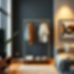 Stylish indoor clothes hanger rack in modern living room