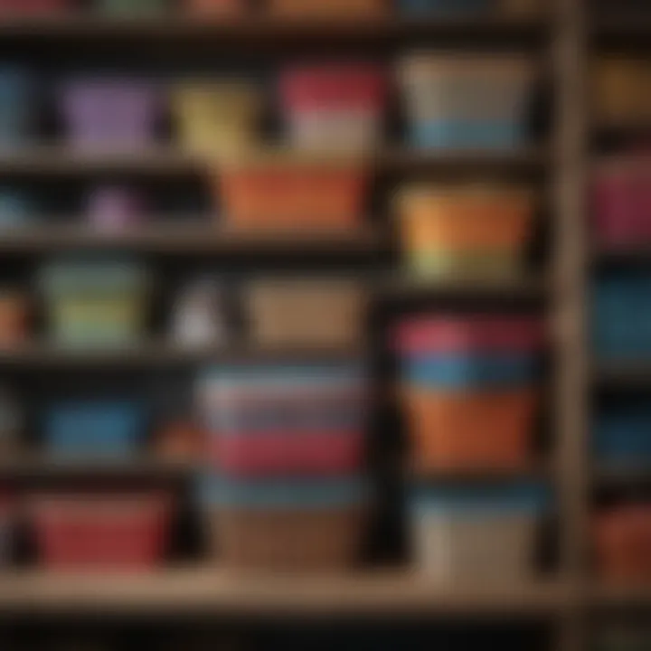 Colorful storage baskets organized on a shelf