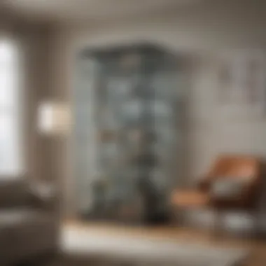 Contemporary glass cabinet in a modern living room setting.