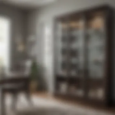 Practical use of glass cabinet in a stylish home office.