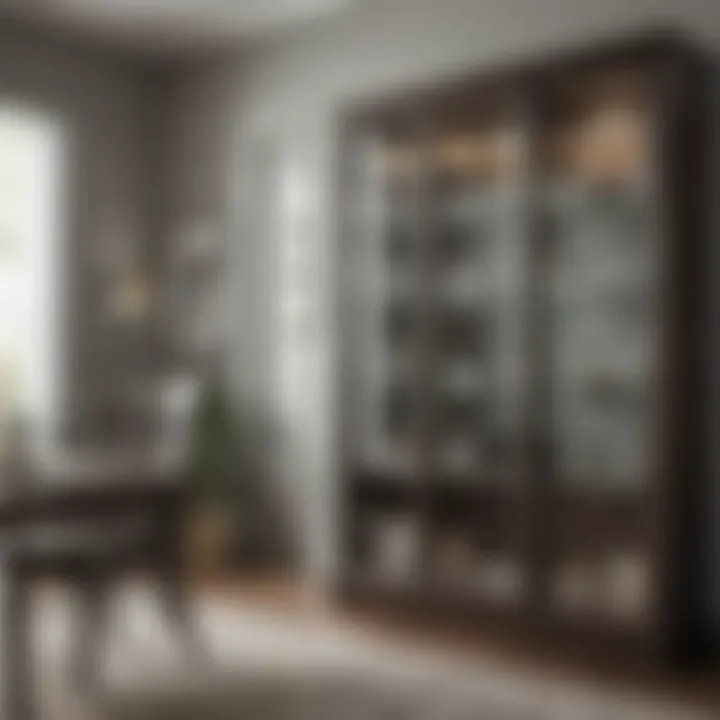 Practical use of glass cabinet in a stylish home office.