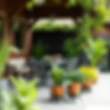 Outdoor patio adorned with stylish planter stands and lush greenery