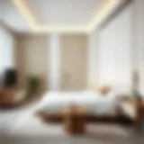 A serene modern bedroom featuring minimalist furniture and soft color palette