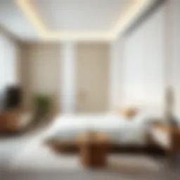 A serene modern bedroom featuring minimalist furniture and soft color palette