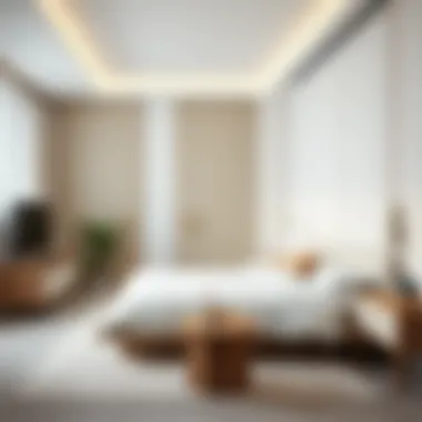 A serene modern bedroom featuring minimalist furniture and soft color palette