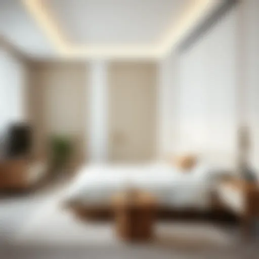 A serene modern bedroom featuring minimalist furniture and soft color palette