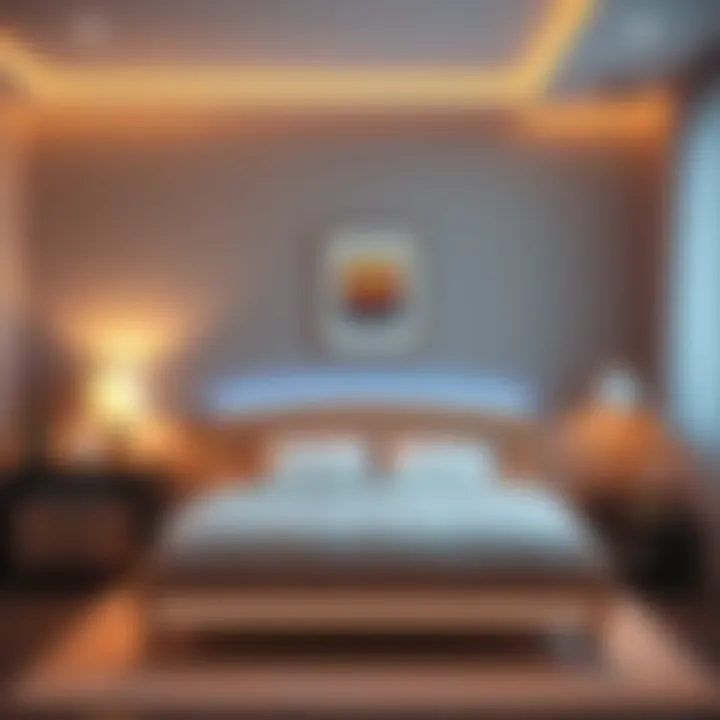 A cozy bedroom featuring a modern sleigh bed with ambient lighting