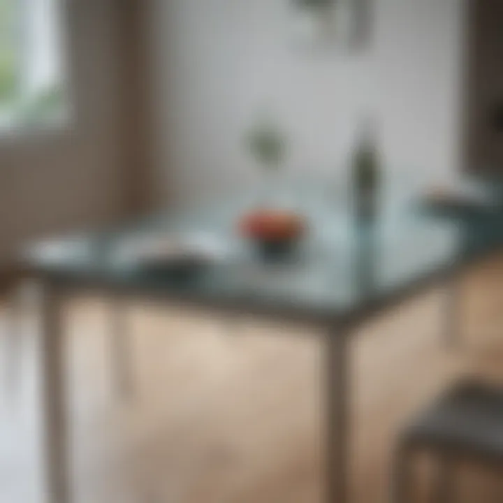 Close-up of narrow glass dining table showing maintenance techniques