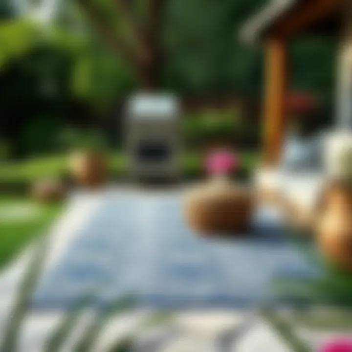 A serene garden scene featuring an outdoor rug that complements natural surroundings.