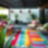 A vibrant outdoor rug placed on a patio setting with colorful furniture.