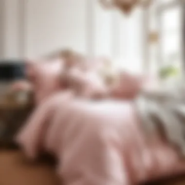 Elegant pale pink bedding set arranged on a luxurious bed