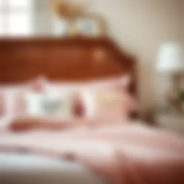 Stylish bedroom featuring pale pink bedding and decorative pillows