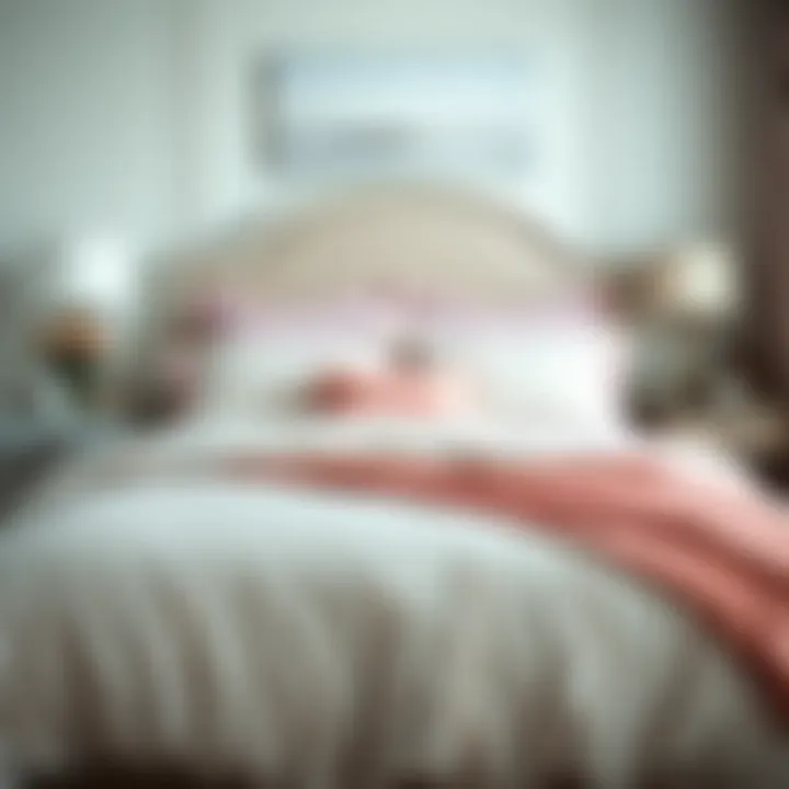 Elegant pink and white bedding set on a queen bed