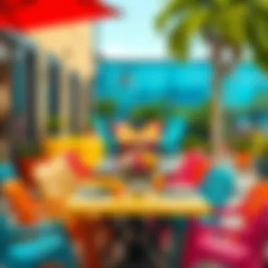 Vibrant Outdoor Dining Scene Vibrant outdoor dining scene featuring colorful plastic furniture