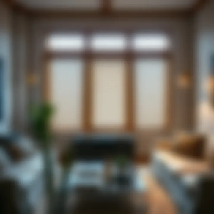 Aesthetic view of room darkening faux wood blinds in a modern living room