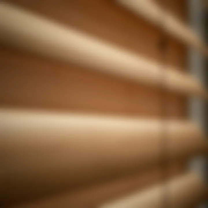 Close-up of faux wood blinds showcasing texture and design details