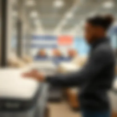 A shopper examining a Serta mattress with a thoughtful expression