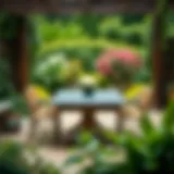 Elegant slate top dining table set in a lush garden