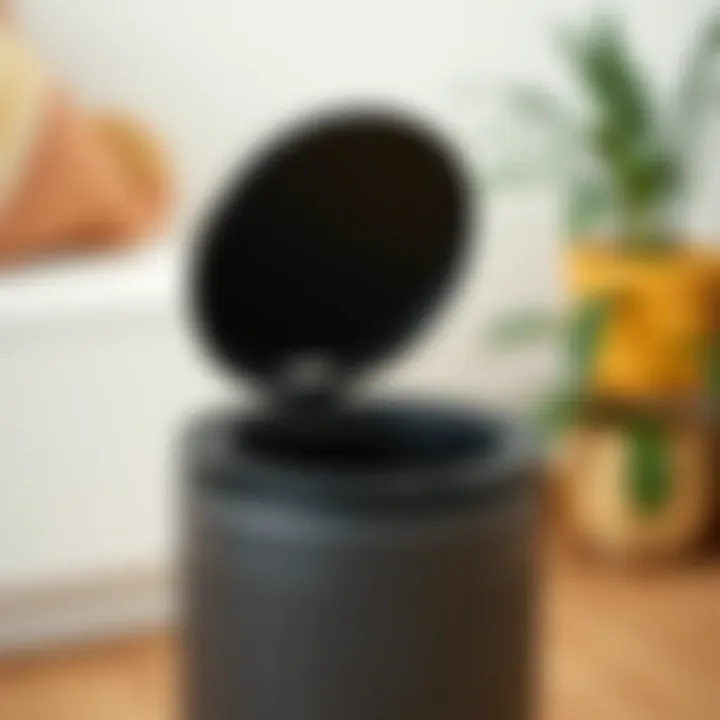 Close-up of the lid mechanism on the slim 8-gallon trash can