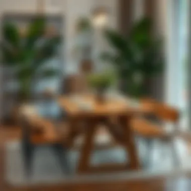 Small bench style dining table set up for social interaction