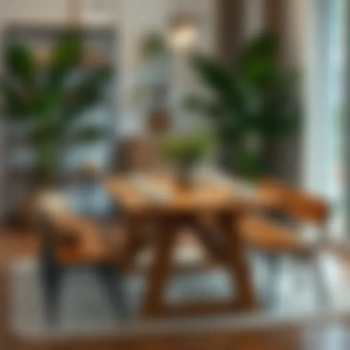 Small bench style dining table set up for social interaction