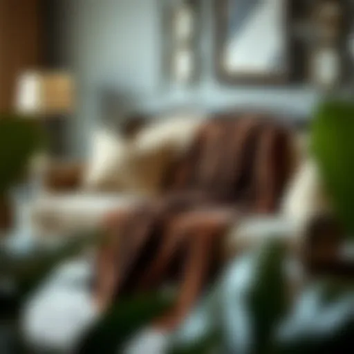 A beautifully arranged sofa adorned with a rich velvet throw, showcasing elegance and comfort.