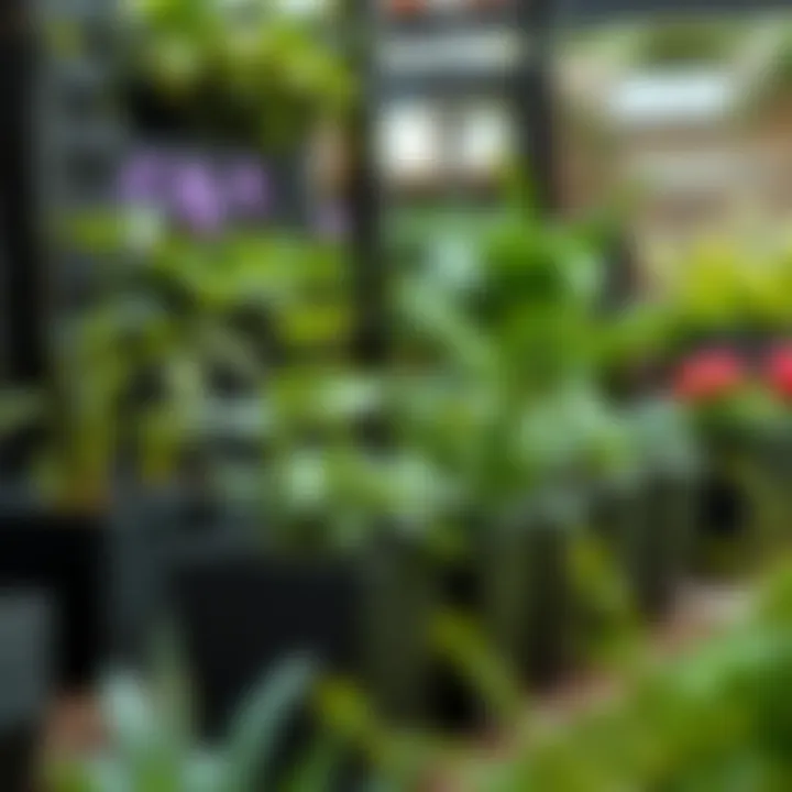 A sustainable garden setup using square black plastic plant pots