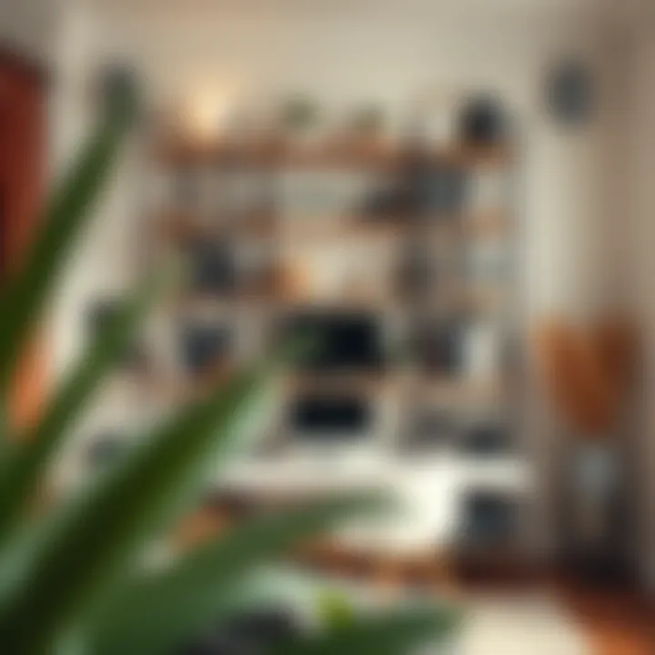 A well-organized tall open shelf in a home office