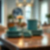 Elegant teal dish set displayed on a dining table