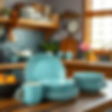 Teal dish set integrated into a rustic kitchen decor