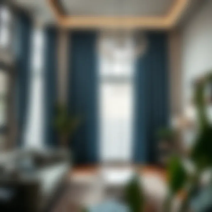 Installation Enhancing Modern Living Spaces Installation of blue faux silk curtains enhancing a modern living space