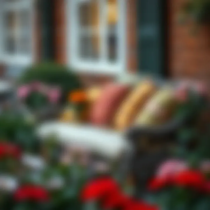 Inviting Cushioned Garden Bench A cozy low garden bench adorned with colorful cushions, nestled among flowering plants.