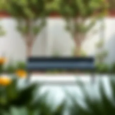 Contemporary Metal Garden Bench A modern low garden bench featuring sleek metal design, placed in a minimalist garden setting.