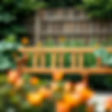 Elegant Reclaimed Wood Garden Bench A beautifully crafted low garden bench made from reclaimed wood, surrounded by lush greenery.