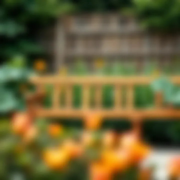 Elegant Reclaimed Wood Garden Bench A beautifully crafted low garden bench made from reclaimed wood, surrounded by lush greenery.