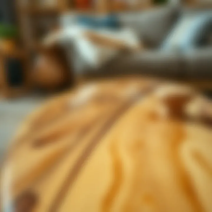 Detailed view of surfboard coffee table craftsmanship and materials
