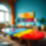 A stunning surfboard coffee table showcasing vibrant colors and unique design