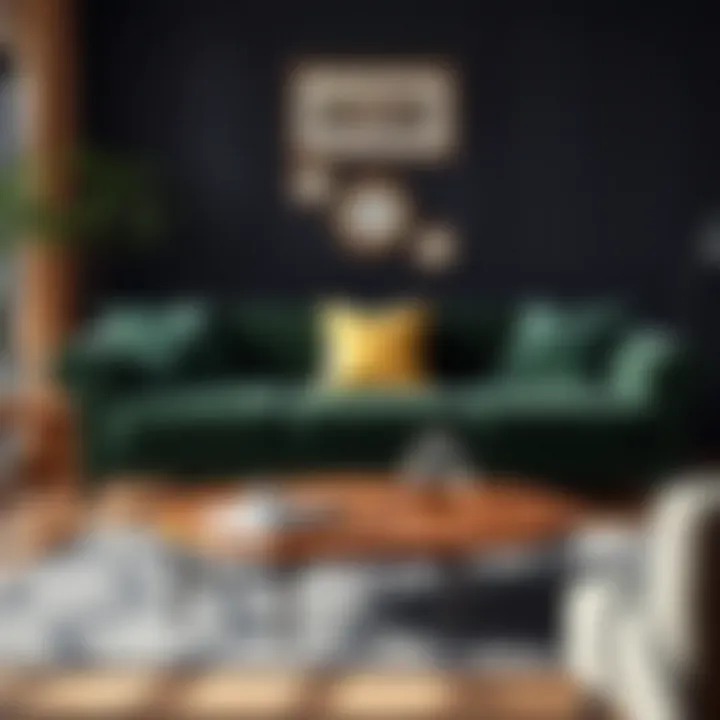 Dark green upholstered sofa with decorative cushions in a cozy atmosphere