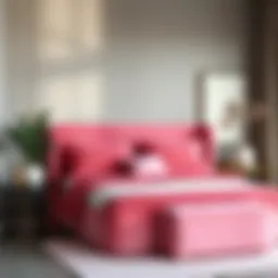 Stylish pink crushed velvet bed in modern bedroom setting