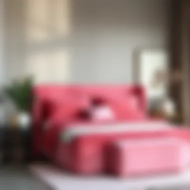 Stylish pink crushed velvet bed in modern bedroom setting