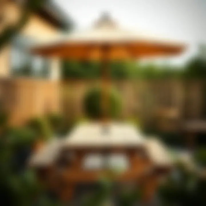 Elegant wooden patio picnic table with an umbrella