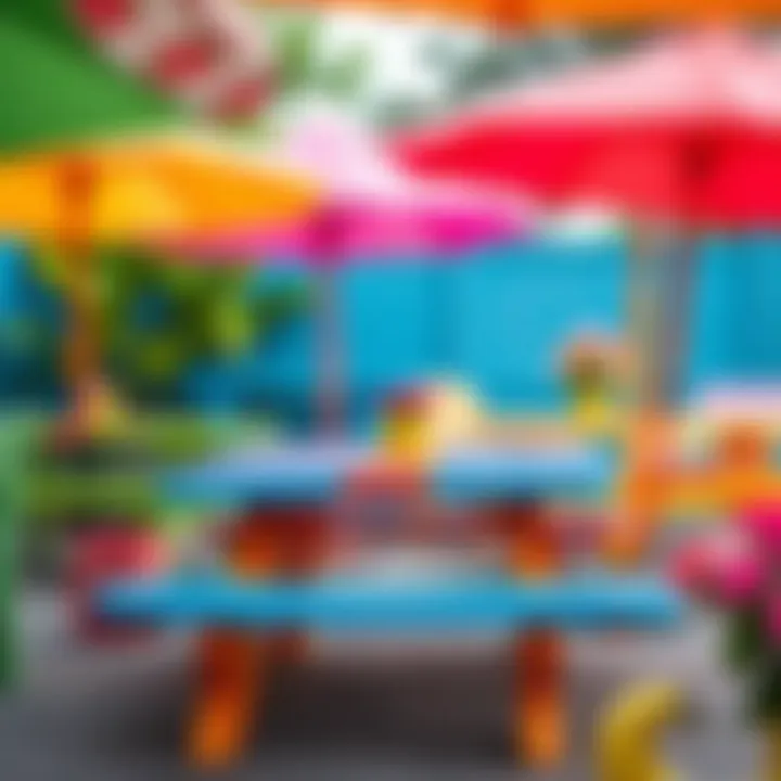 Vibrant outdoor setting with a picnic table and colorful umbrellas