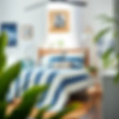 Stylish Bedroom Decor with Blue and White Striped Quilt A beautifully arranged bedroom featuring a blue and white striped quilt as the centerpiece.