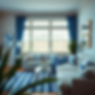 Living Room Elevation with Blue and White Striped Quilt Trendy living room setting enhanced by the addition of a blue and white striped quilt.