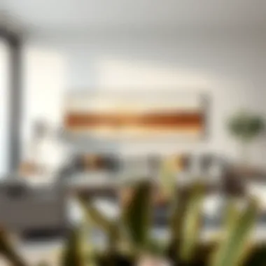 A beautifully arranged living space showcasing long horizontal canvas art above a modern sofa