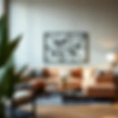 A contemporary living space featuring geometric metal art