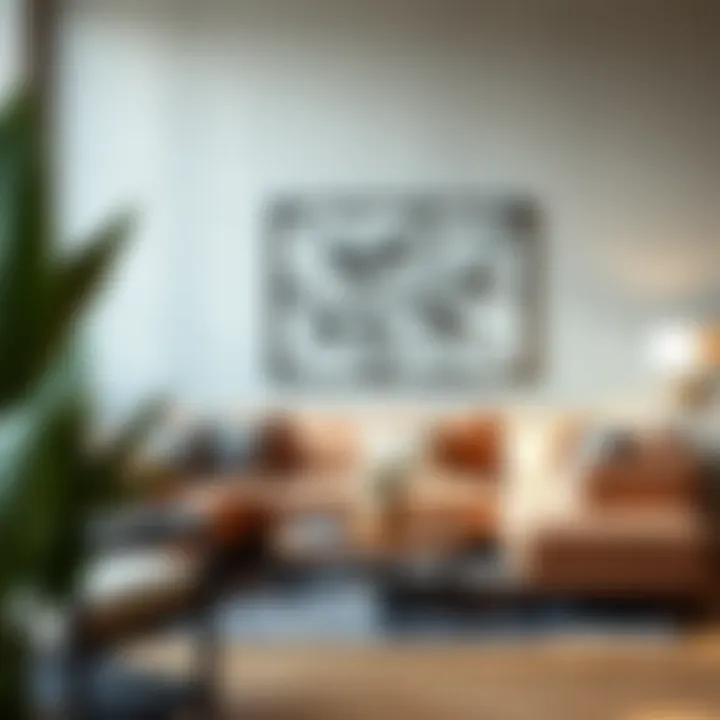 A contemporary living space featuring geometric metal art