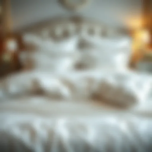 Luxurious white satin bedding set displayed on a plush bed