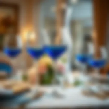 Elegant blue wine glasses on a beautifully set table